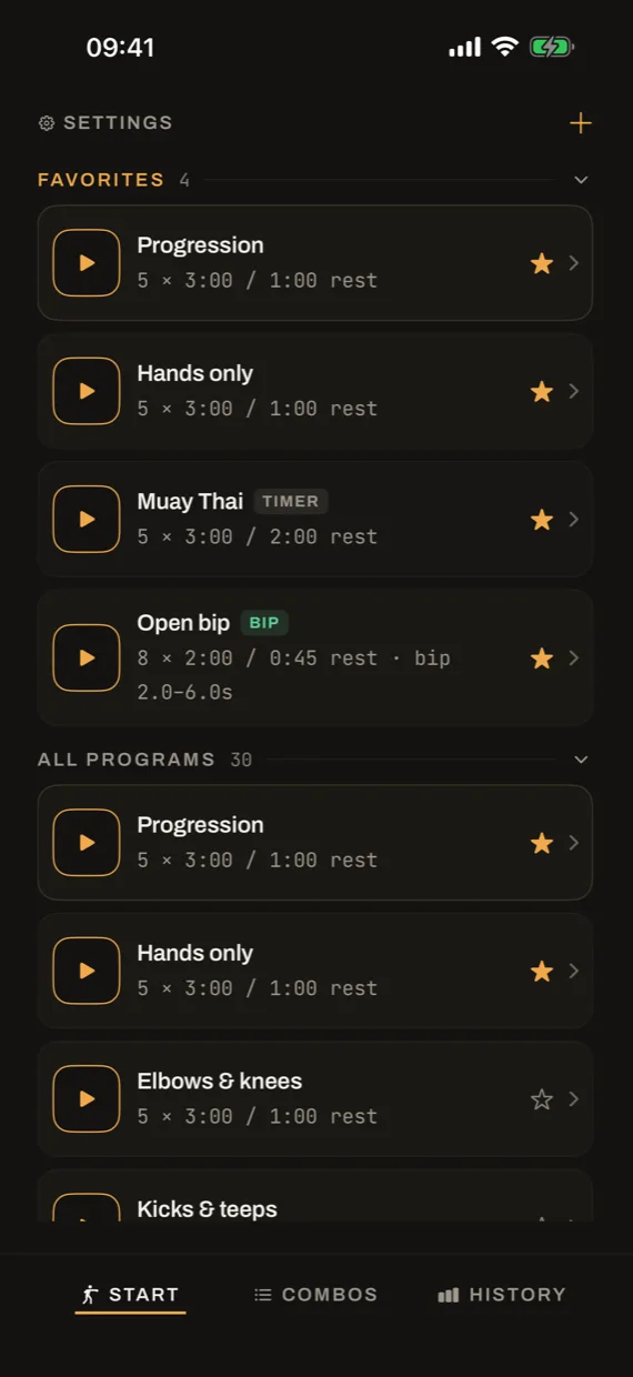 The home screen: programs and the three dials.